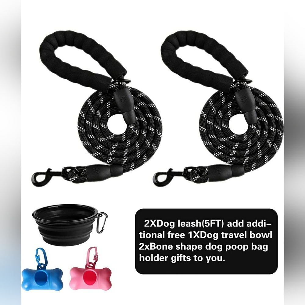 2 Pack Reflective Dog Leash Set with Poop Bag Holders & Collapsible Travel Bowl